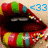Colorful striped lips with sprinkles, open mouth showing teeth and tongue, blue text <33 in top-left corner.