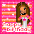 Pixel art birthday icon featuring a cartoon girl with long brown hair in four animated frames showing subtle facial expression changes against a pink and orange striped background with white stars.