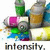 Pixelated icon with abstract shapes in green, pink, blue, yellow, and brown tones; text 'intensity.' at bottom.