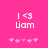 Pixelated pink background with white text 'I <3 Liam' and five small pink heart icons below, showing animation where the hearts shift position.