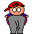 Pixelated cartoon character with red cap, gray pants, and purple-pink straps holding a small elephant in various poses.