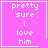 Four identical pink square with white text reading 'pretty sure i love him' and a single underline beneath the last word, each containing one distinct small symbol in its bottom-right corner