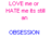 Pink text 'LOVE' and 'HATE' with a small pink square, all in pixelated style over white background.