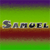Pixelated text 'Samuel' in gray block letters on a gradient background transitioning from purple to green to brown.