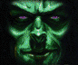 Three distinct pixelated faces with glowing eyes and exaggerated expressions, each rendered in a single dominant color against dark backgrounds.
