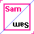 Animated sequence of a displaying 'Sam' and 'wes' text in pink and black with diagonal blue lines, transitioning between different letter arrangements