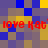 Red text 'love Kat' repeated twice on a of blue, yellow, and brown squares with pixelated edges