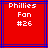 Red background with blue lines, white pixelated text reading 'Phillies Fan #26' in three lines