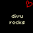 Red pixelated heart symbol above two identical text blocks reading 'divu rocks' on black background.