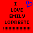 Red background with black pixelated text reading "I LOVE EMILY LOPRESTI" and a blue heart symbol above the word LOVE, followed by multiple exclamation marks.
