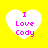 Four white heart shapes on a bright yellow background, each containing pink text reading "I Love Cody" with varying pixelation levels.