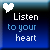 Pixelated icon with white heart symbol and text 'Listen to your heart' on blue gradient background.