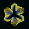 Animated abstract pattern with shifting colors and shapes on a black background, featuring multiple overlapping curved lines forming symmetrical forms.