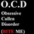 A black background displays white text reading O.C.D, Obsessive, Callen, Disorder, (BITE ME) in two identical vertical with red parentheses around BITE ME