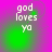 Four display 'god loves yo' text on a pink-to-green gradient background with subtle circular light effects