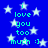 Blue background with white stars and green text reading "i love you too much :]" repeated in two