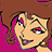 Pixelated cartoon-style face with light skin, pink eyeshadow, and brown hair against a solid magenta background.