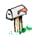 Animated sequence of a white mailbox on a wooden post with green grass, showing mailbox door states and small black bird figures in flight.