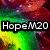 A static image with a colorful abstract background featuring red, green, and yellow hues, overlaid with the text 'HopeM20' in black and white.