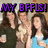 Three pixelated figures stand side-by-side beneath bold purple text reading "MY BFFLS!" on a blurred background.