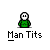 Pixel art of green-shirted figures with white faces, some with text above them, on a gray background.