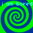 Four identical green and blue spiral patterns arranged in a with repeated text "i am bored i am bored" in light blue pixelated font across the top and bottom