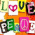 A static image of a of colorful letter and symbol with 'LOVE' and 'PEACE' text elements on a bright orange background