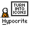 Animated contact sheet of 18 frames showing a pixelated orange stick figure character with white head performing various poses and actions, including standing, waving, covering face, and running, alongside text boxes reading "TURN INTO ICONS" and "THOSE ICONS ARE LAME."
