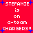 Red background with white pixelated text reading 'STEPHANIE is on a-team CHARGERS!!' and blue star shapes scattered throughout.