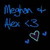 Blue handwritten text 'Meghan & Alex <3' with a large outlined heart and two smaller hearts on a black background.
