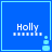 Blue square icon with 'Holly' text and pixelated dots, featuring a small light blue snowman-like figure that changes position