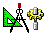 Pixel art animation of a drafting compass with triangular ruler, showing sequential changes in triangle color and presence.