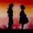 Silhouettes of two figures stand against a gradient sunset background with red, orange, and pink hues.