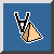 Pixelated icon shows a black and white rabbit-like figure with long ears holding a light brown cone-shaped object against a solid blue background.