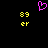 A static pixel art image with a black background, featuring a pink heart symbol at the top center and yellow text elements below.