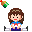 Pixel art contact sheet showing three frames of an animated AIM buddy icon featuring a cartoon girl with brown hair, blue top, and purple skirt holding a barbell on gray background.