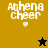 Pixelated 'Athena Cheer' text with heart and star symbols on yellow, brown, and black backgrounds.