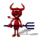 Red devil figure with horns and tail holding blue trident, standing on gray background with white shadow.