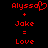 Red pixelated text on black background shows 'Alyssa' with a heart symbol, plus 'Jake', equals 'Love'.