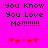 Pixelated text on bright pink background with red and pink heart symbols below.