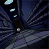 Animated sequence of two cartoon characters walking toward the viewer in a dark, futuristic corridor with blue ceiling lights.