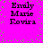 Bright pink background with scattered green square pixels, displaying four identical text blocks reading 'Emily Marie Rovira' in black pixelated font.