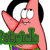 Animated image of a pink starfish character with black hair, wearing green shorts and purple belt, displaying changing text overlays.