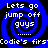 Blue and black spiral background with white text reading "Lets go jump off guys" in four quadrants, repeated across the image.