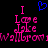 Pixelated pink text reads "I Love Jake Wallrom" with a blue heart symbol above, displayed on black background.
