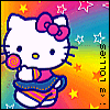 Hello Kitty character with pink bow holding lollipop, wearing striped outfit, against rainbow gradient background with stars.