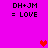 Bright pink background with four identical text blocks and three pixelated hearts in red and pink hues.