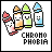 Pixel art of a character with pink hair holding three bottles labeled CHROMO PHOBIA, one crossed out in red.