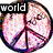 Three circular peace sign icons with pink and purple pixelated textures, each displaying a different word in black text: 'world', 'peace', and 'please'.