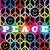 A repeating pattern of peace symbols in multiple colors with the word "PEACE" displayed twice horizontally across the image.